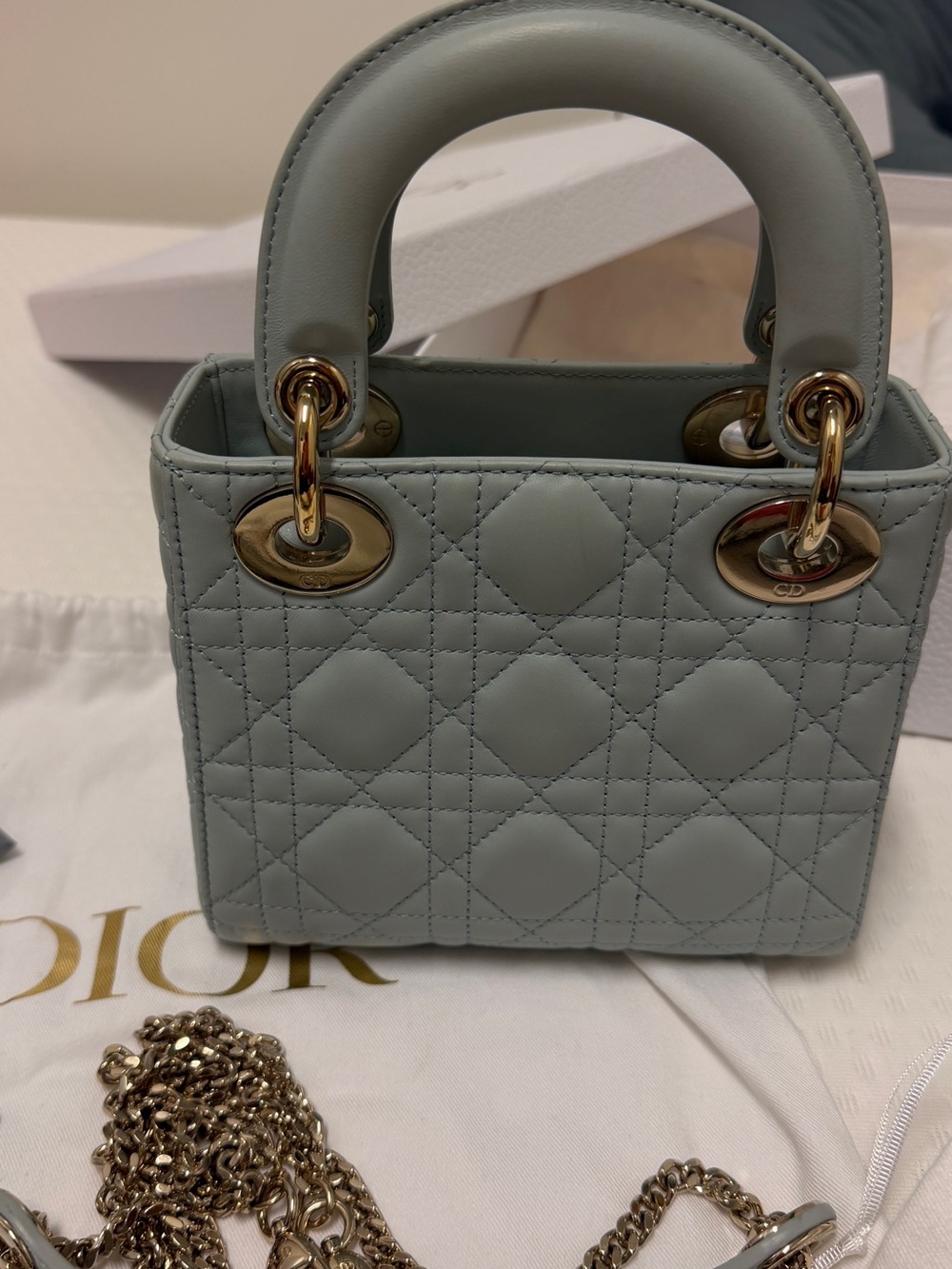 Dior Mini Lady Dior Top Handle Bag in Pale Slate Gray with Gold Hardware - Picture 6 of 10